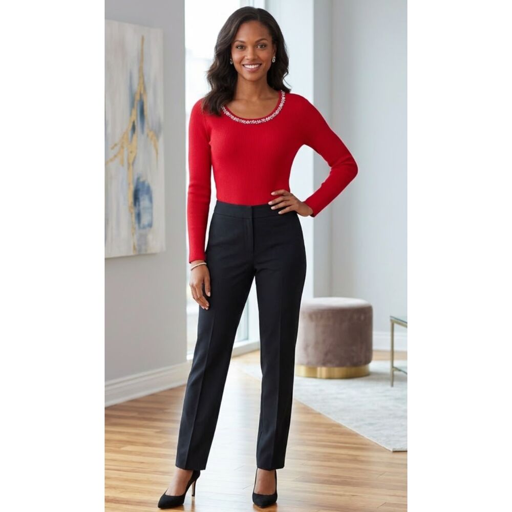 Talbots Embellished Rhinestone Ribbed Knit Top Red Women's Size Medium Petite